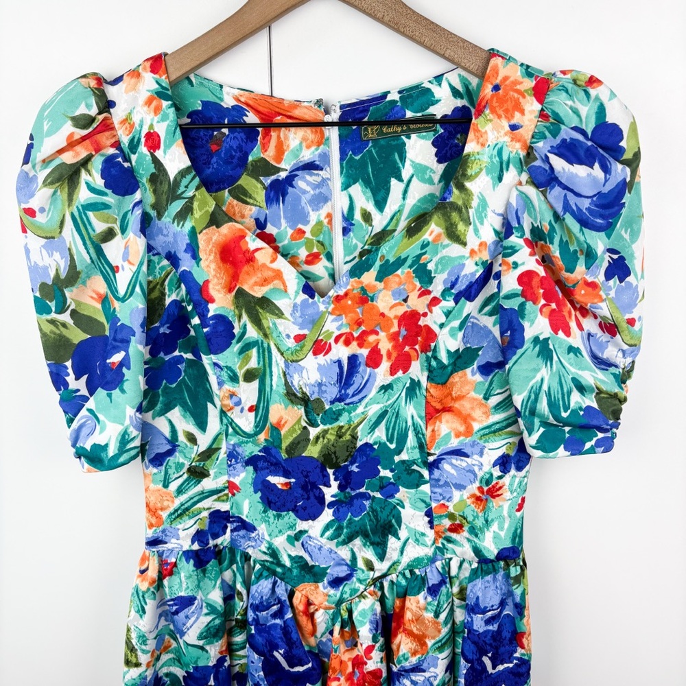 Vintage 80s Floral Basque Waist Pleated Puff Sleeve Midi Dress Golden Girls Blue - Picture 3 of 9